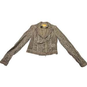 BiBA Brown Textured Lace Asymmetrical Zip Moto Jacket Size GB 10 US 6
